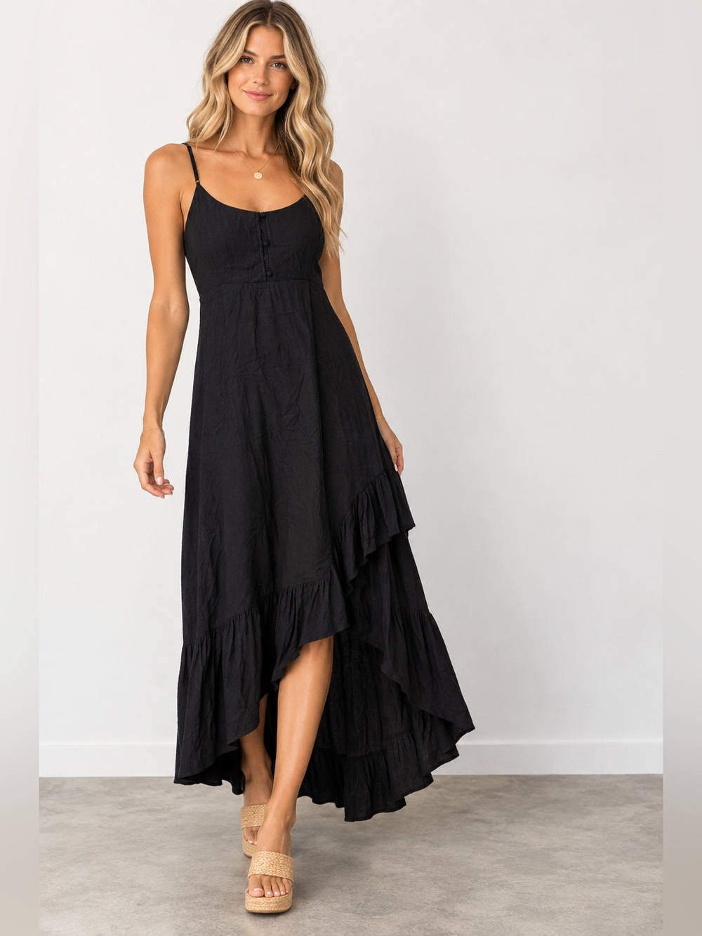 Volcom Black High-Low Maxi Dress Size Small Tiered Boho Adjustable Straps